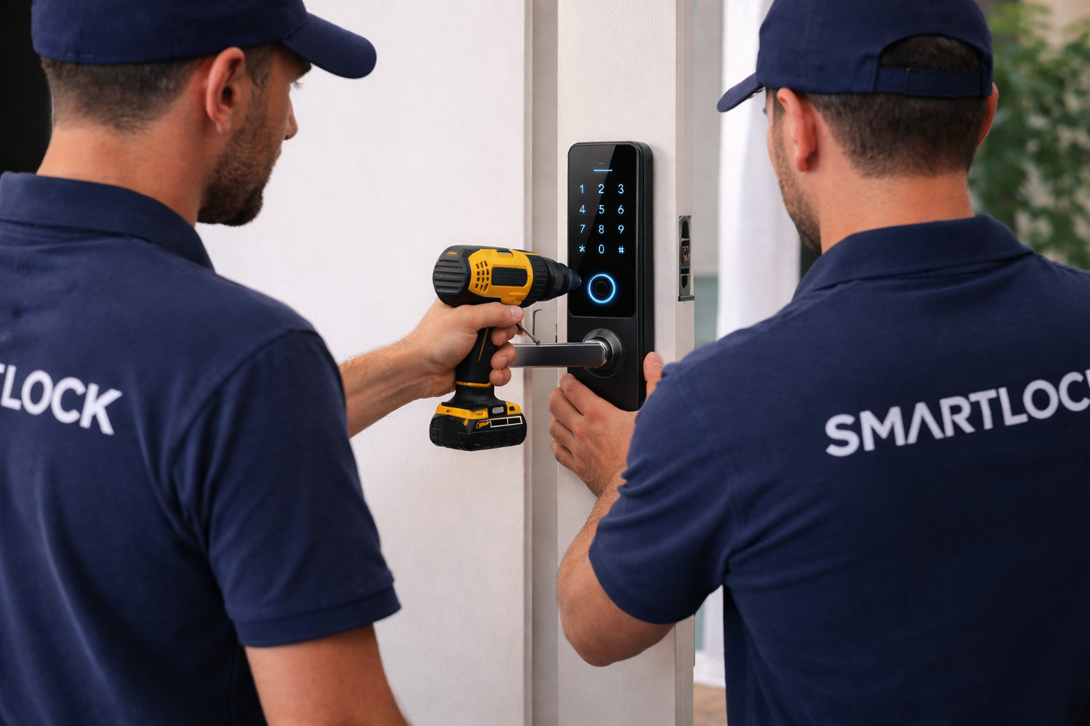 Equipe técnica da SmartLock instalando uma fechadura digital